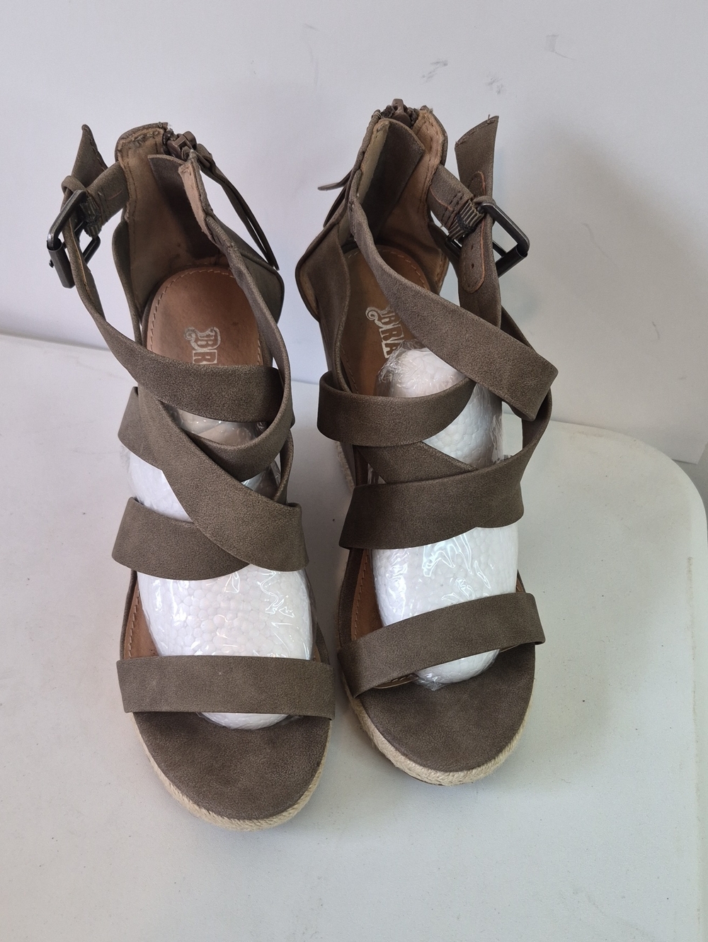 Brash Olive Taupe Crisscross Wedge Sandals Size 9